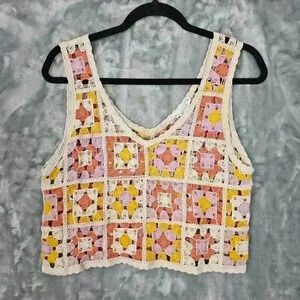 LoveRiche top Womens M/L Yellow Orange Pink Crochet Cropped Boho Festival Retro